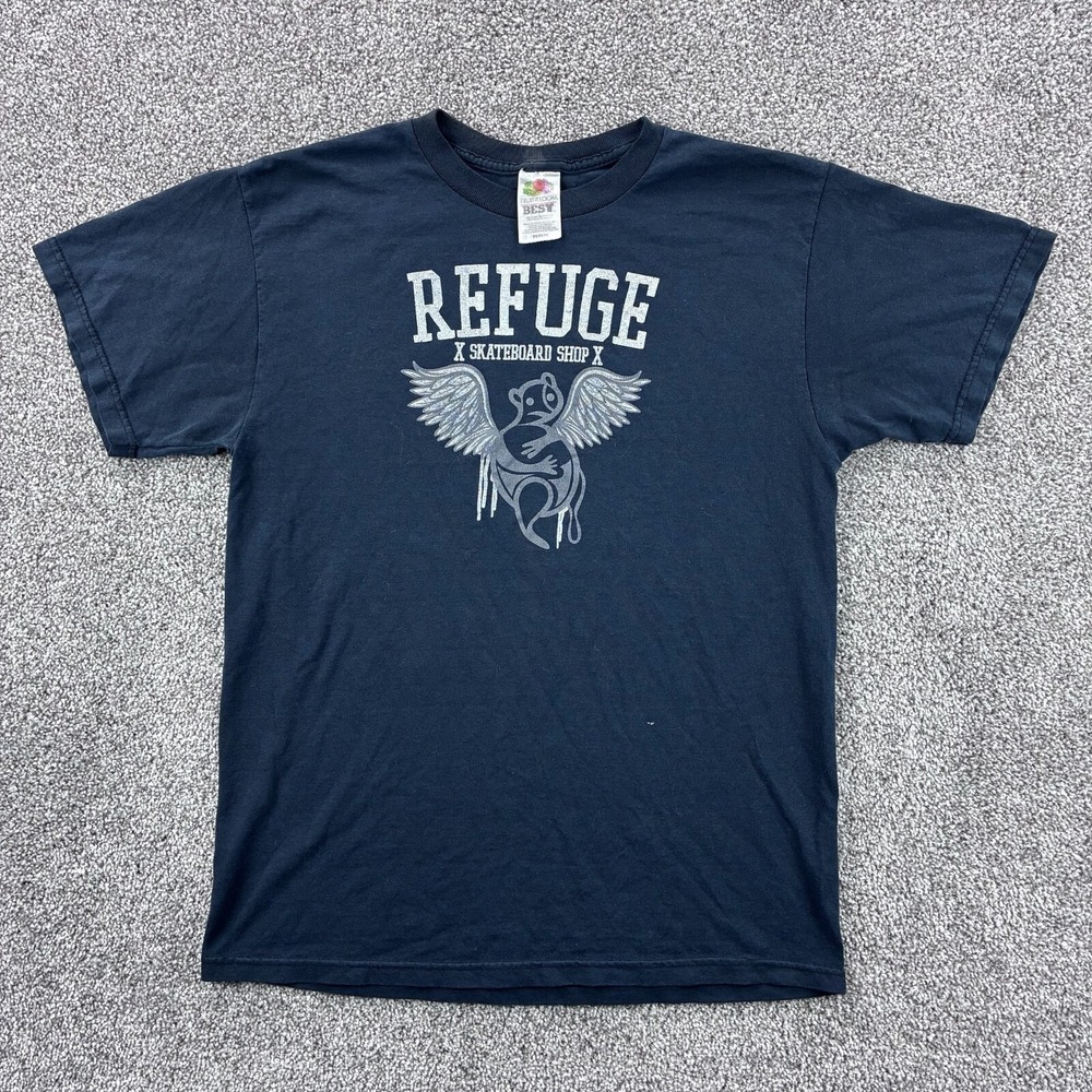 Vintage Refuge Skateboard Shop Shirt Mens Medium Black Skater Angel Logo
